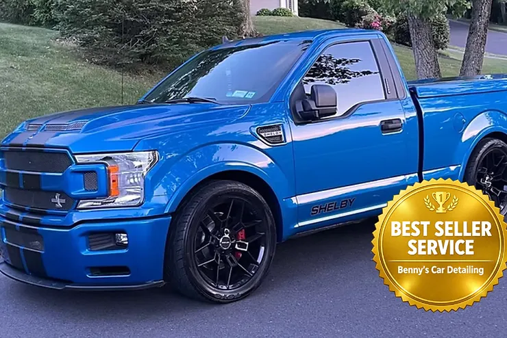 Blue Ford F-150 after a full detail