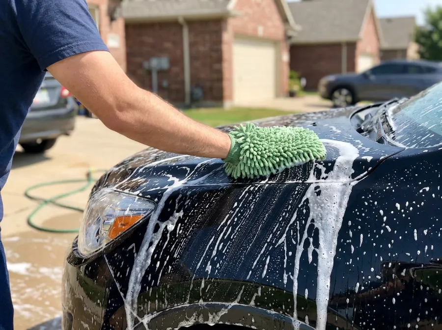 Hand washing a car with a wash mitt at the customer's home