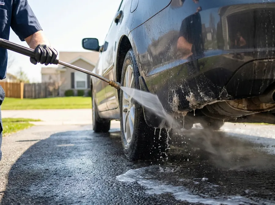 Pressure-washing road salt off a car's undercarriage